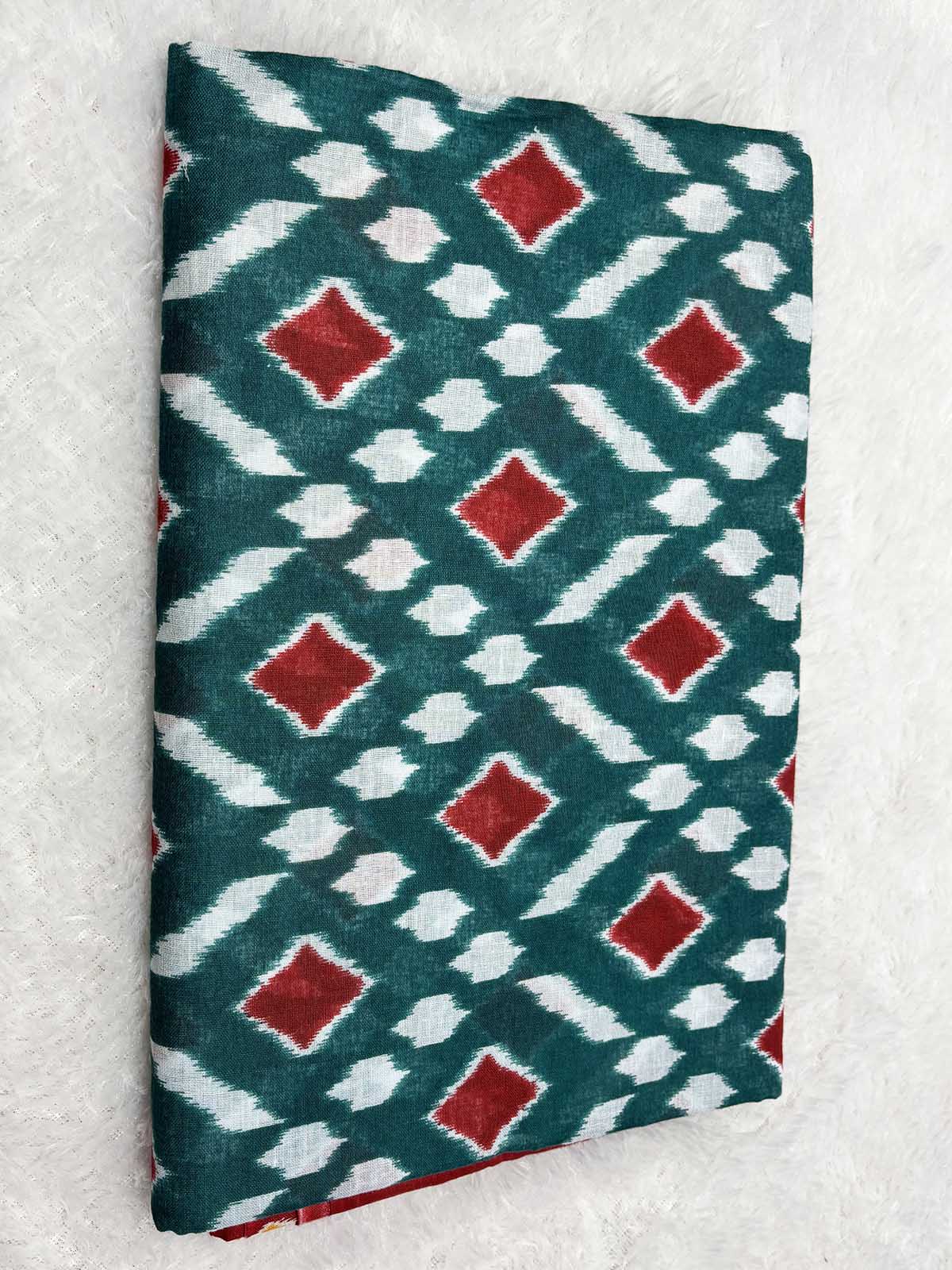 Soft Cotton Ikat Pattern Saree – Red, Teal Green-2  Celebrity Drapes