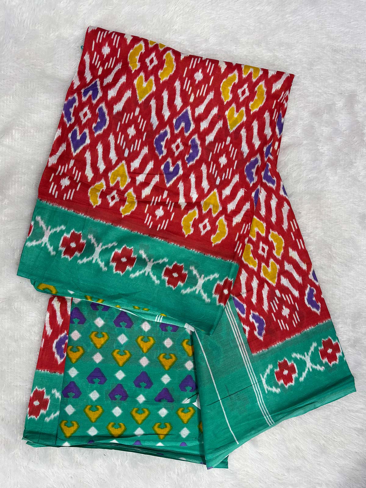 Soft Cotton Ikat Pattern Saree in Red with Green Floral Border-4  Celebrity Drapes