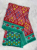 Soft Cotton Ikat Pattern Saree in Red with Green Floral Border-4  Celebrity Drapes
