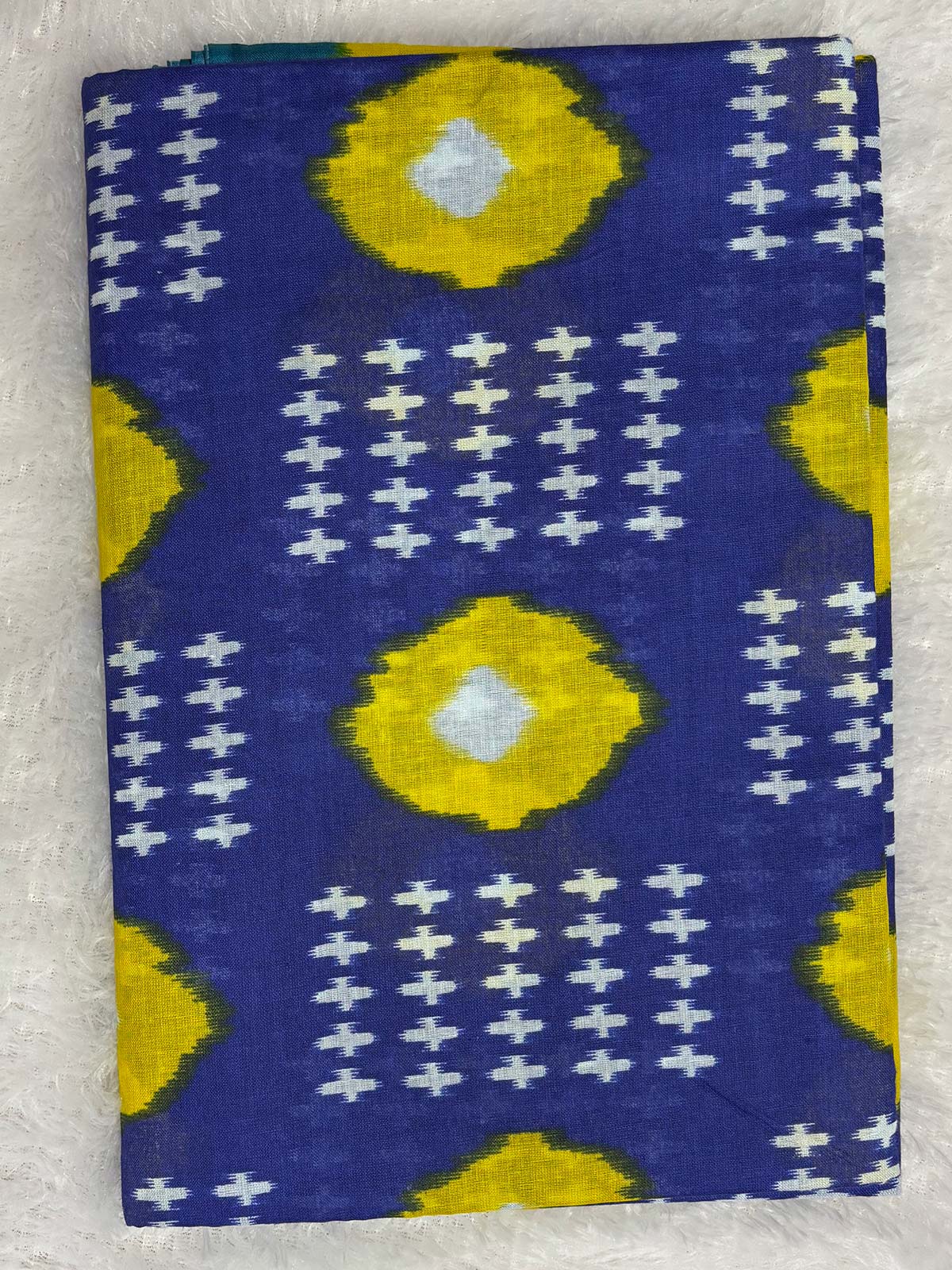 Soft Cotton Ikat Saree in Blue, Teal Green, and Yellow with White Print-2  Celebrity Drapes