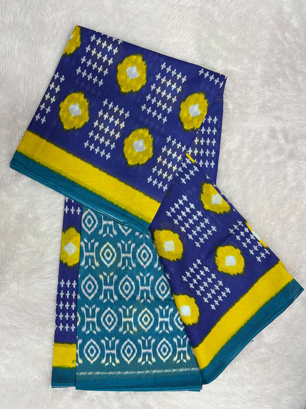 Soft Cotton Ikat Saree in Blue, Teal Green, and Yellow with White Print-1  Celebrity Drapes