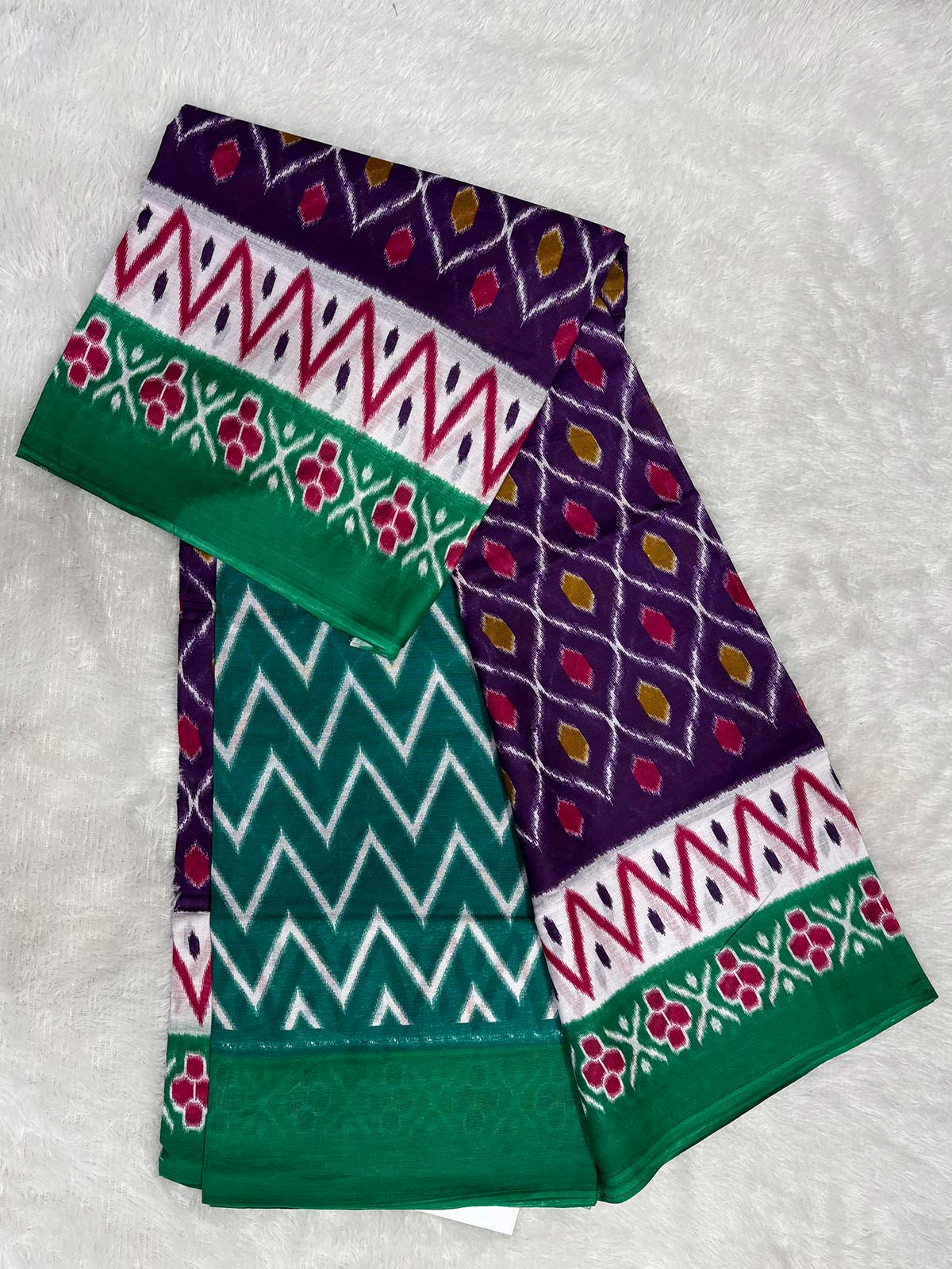 Soft Cotton Ikat Saree in Purple, Green, and White Prints-1  Celebrity Drapes