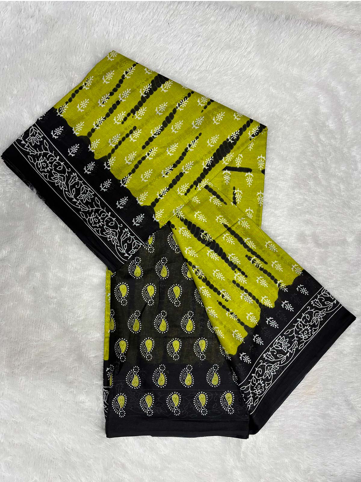 Soft Cotton Ikat Pattern Saree in Mustard Yellow and Black with White Print-1  Celebrity Drapes