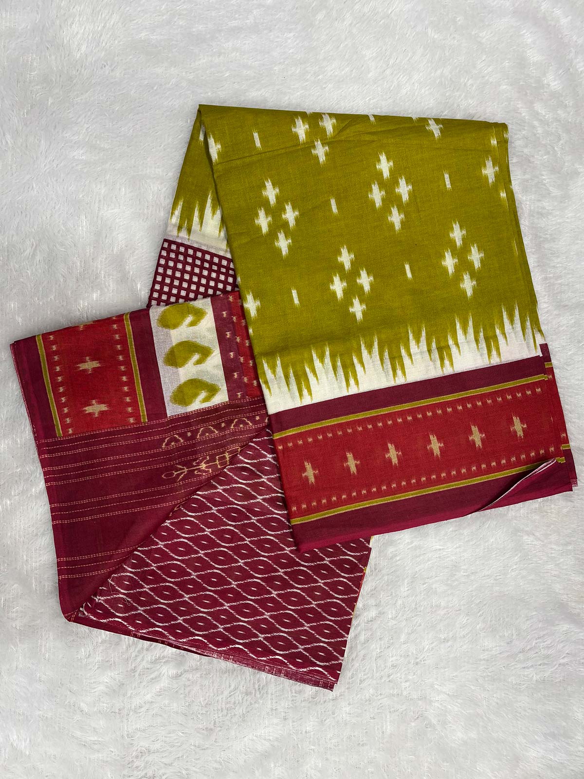 Soft Cotton Ikat Saree in Olive Green and Maroon with white Prints-1  Celebrity Drapes