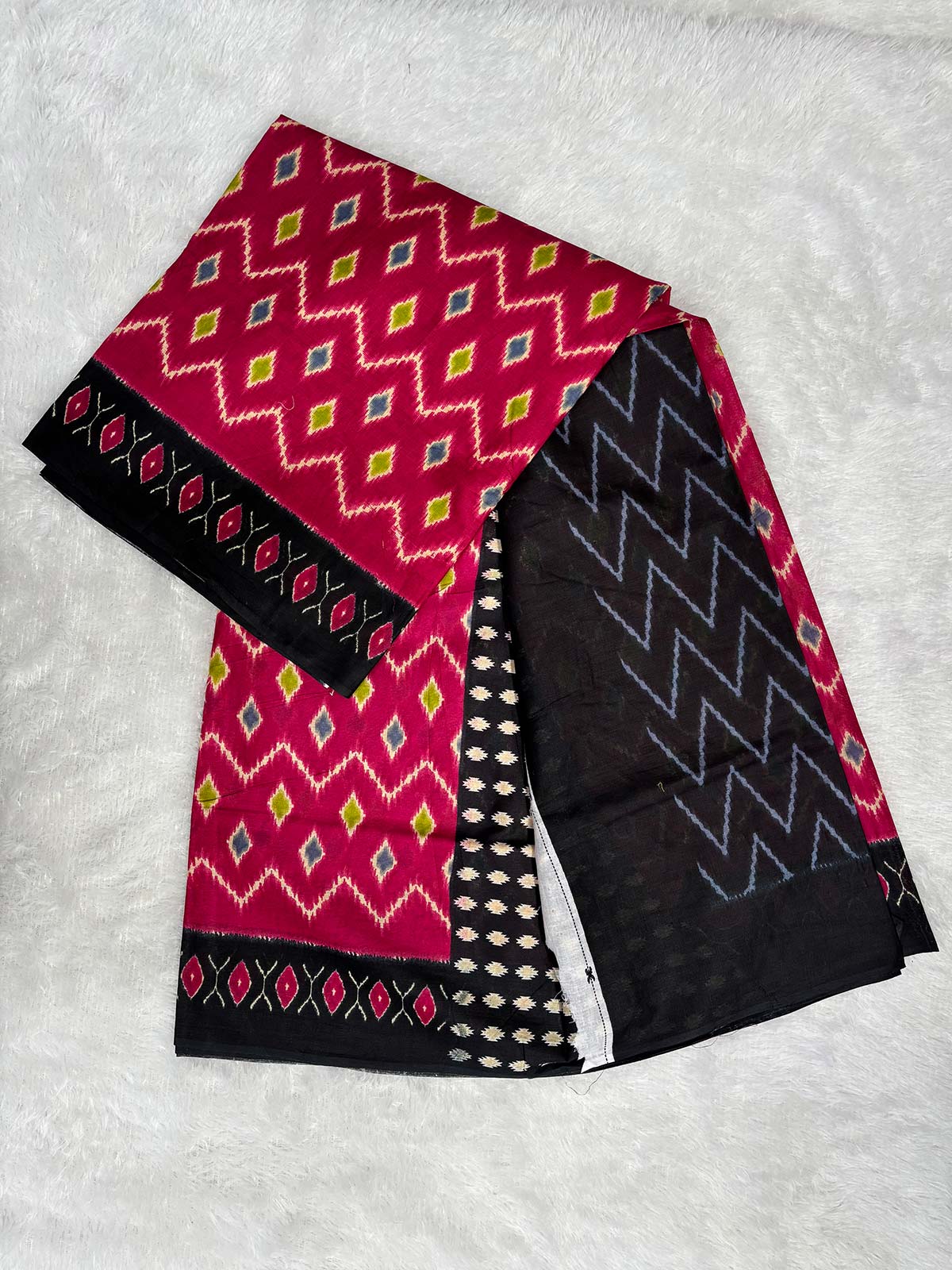 Soft Cotton Ikat Saree in Magenta Pink and Black with White Print-1  Celebrity Drapes