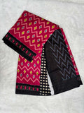 Soft Cotton Ikat Saree in Magenta Pink and Black with White Print-1  Celebrity Drapes