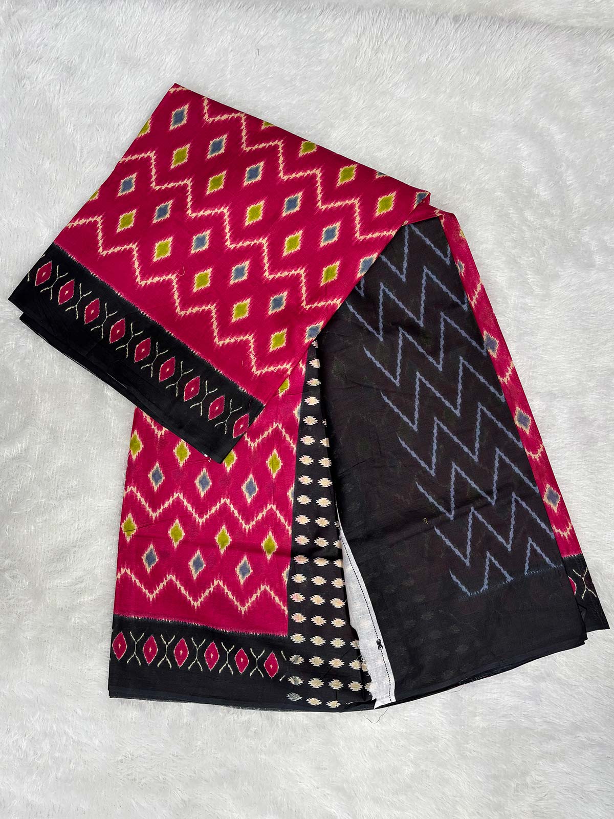 Soft Cotton Ikat Saree in Magenta Pink and Black with White Print-2  Celebrity Drapes