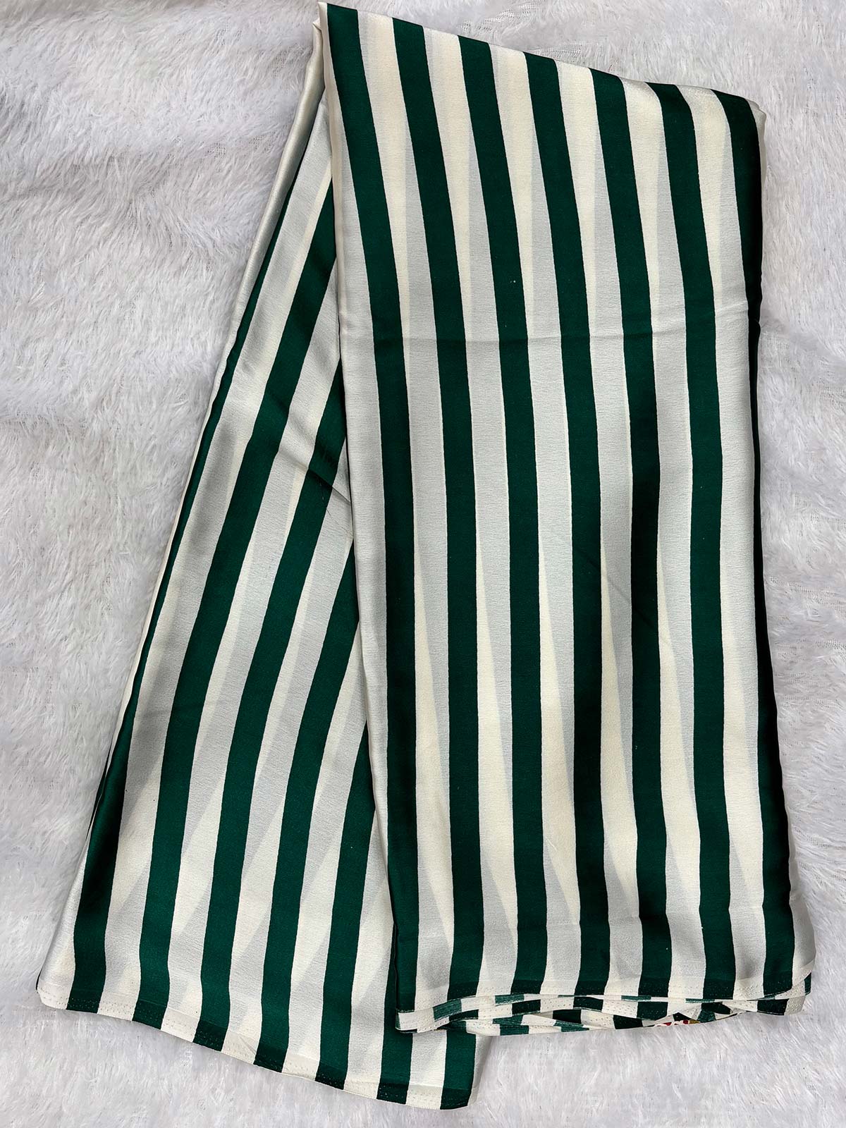 Ajrakh Printed Satin Crepe Silk Saree in Emerald Green & White Striped | Lightweight Daily Wear with Blouse Piece-3  Celebrity Drapes