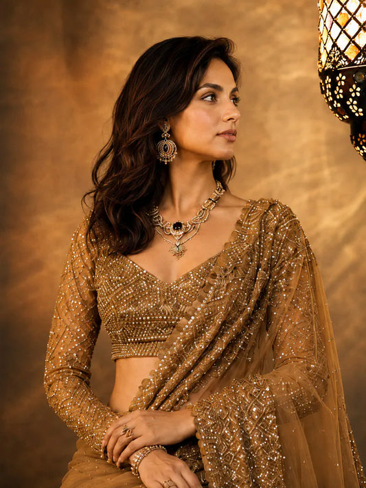 Bollywood Inspired Golden Soft Net Sequin Work Saree with Unstiched Blouse-71911980662865