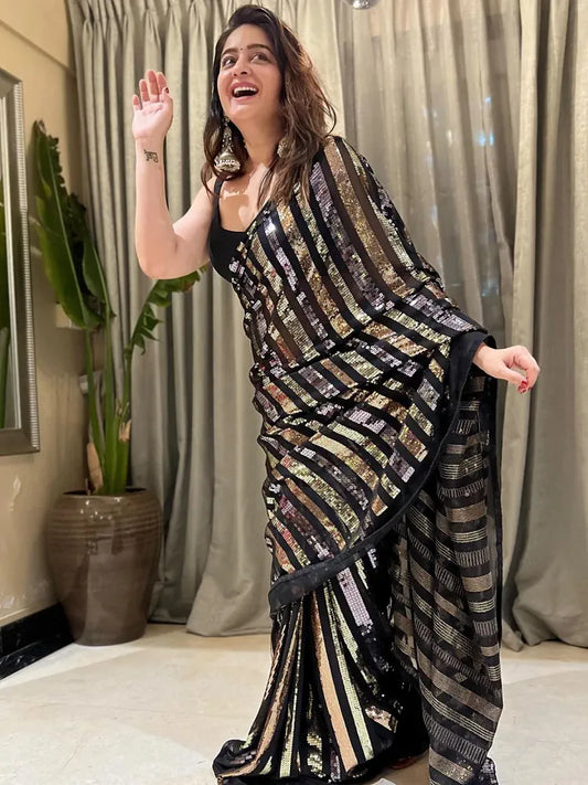 Bollywood-Inspired Black Sequin Saree with Metallic Stripes-71911967719505