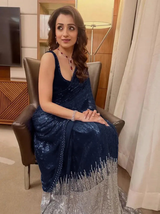 Trisha Inspired Blue & Silver Sequin Georgette Saree with Cutwork Lace-71912307818577