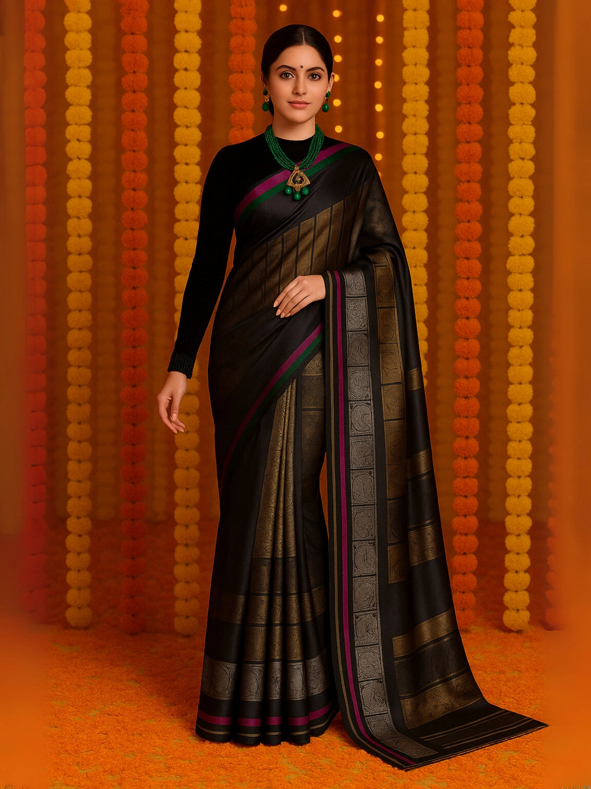 Nita Mam Inspired Silk Zari Kanjeevaram Black with Silver & Gold Saree-2  Celebrity Drapes