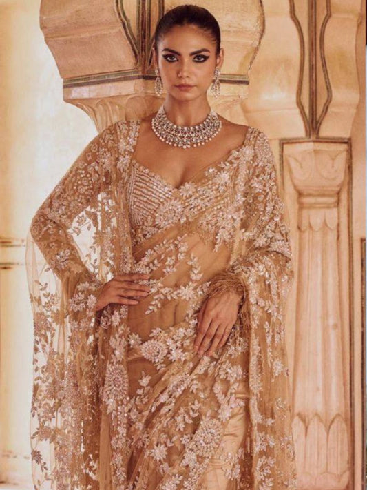 Bollywood Inspired Embroidered Golden Net Saree With Jhalar Border