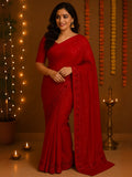 Bollywood Inspired Heavy Georgette Sequins Embroidery Red Saree-1  Celebrity Drapes