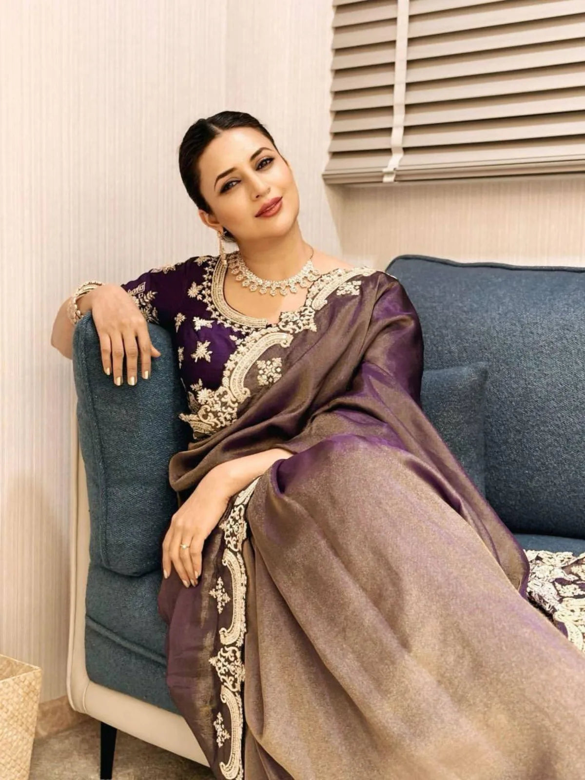 Divyanka Inspired Copper Gold Sequence Embroidery Silk Blend Saree