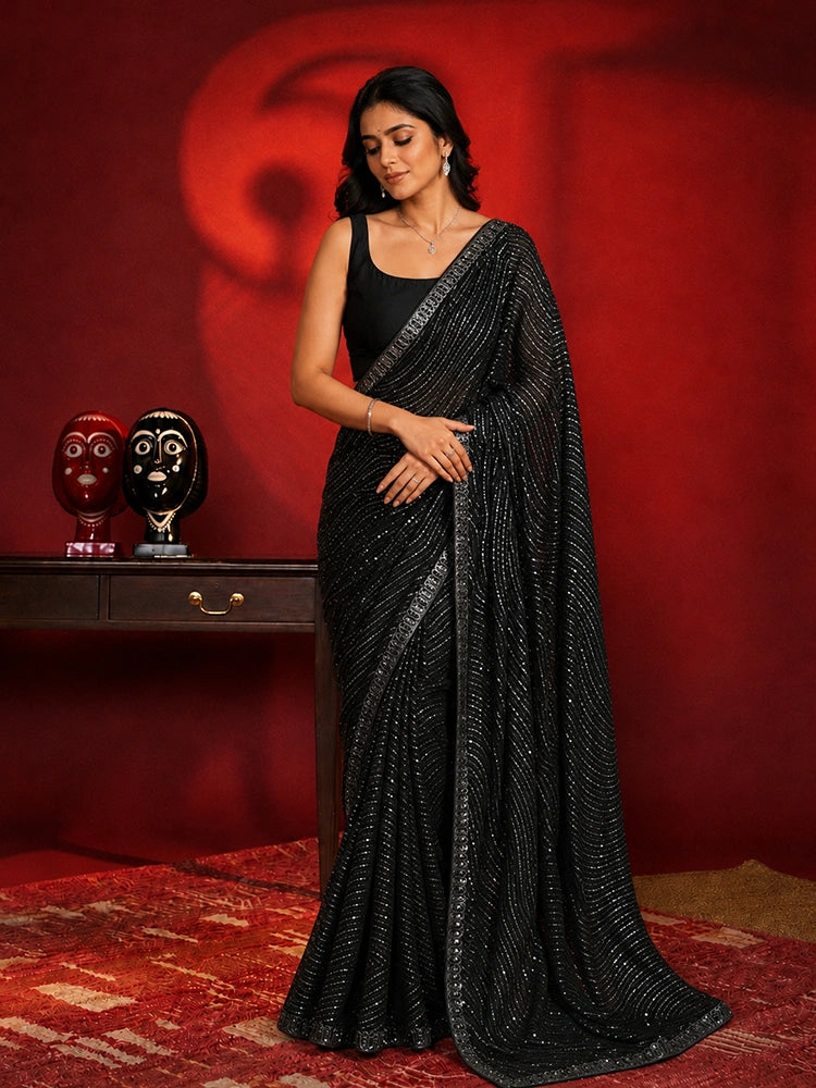 Designer Black Georgette Party Wear Saree with Sequins Embroidery