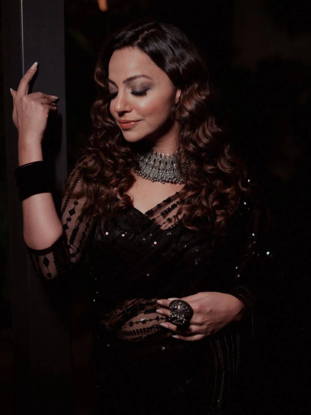 Bollywood Inspired Shimmery Black Net Saree with Sequins-67305795289169