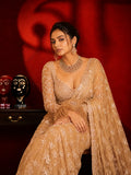 Bollywood Inspired Embroidered Golden Net Saree With Jhalar Border