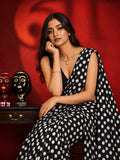 Partywear Black and White Polka Dot Georgette Saree with Black Blouse Piece