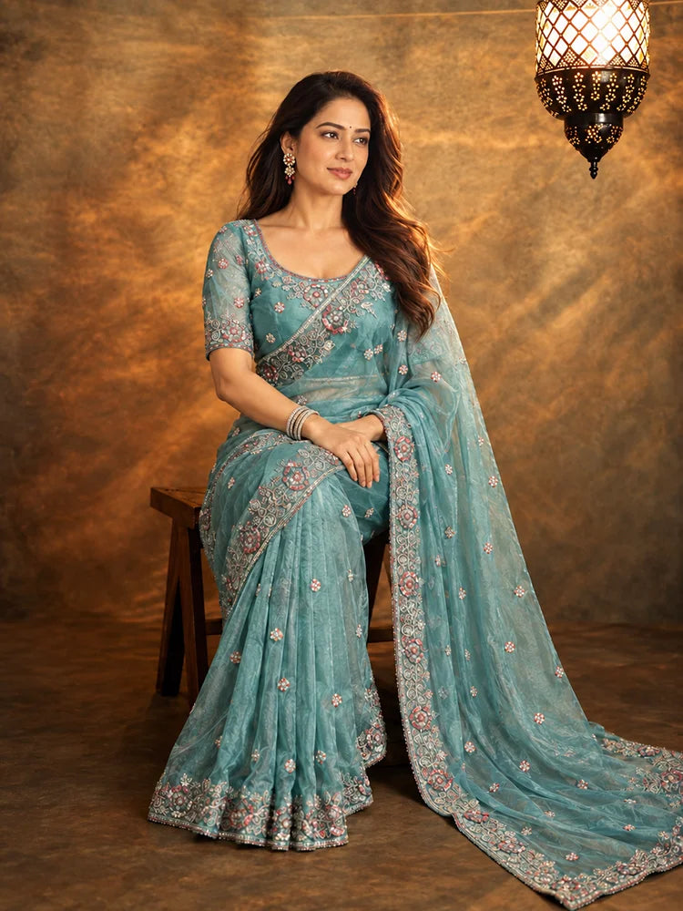 Teal Blue Saree with Handcrafted Embroidered Border-72103979909201