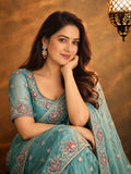 Teal Blue Saree with Handcrafted Embroidered Border