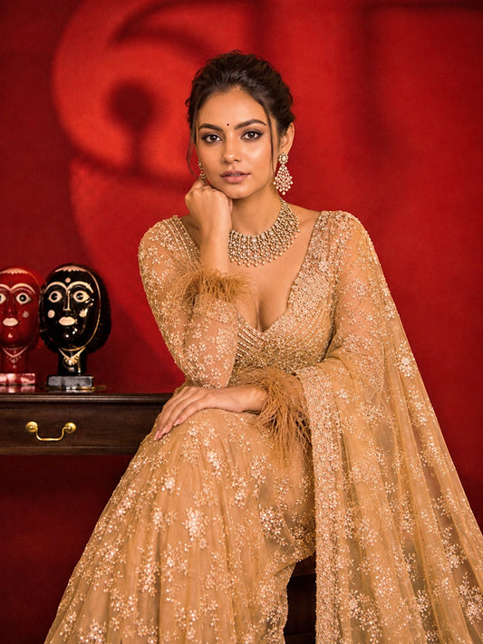Bollywood Inspired Embroidered Golden Net Saree With Jhalar Border-71985424334929