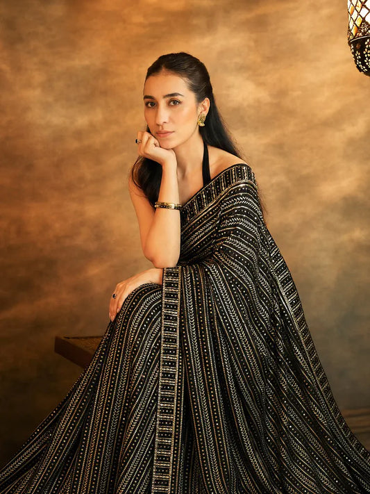 Bollywood Inspired Black Saree with Silver and Gold Sequin Work and Matching Blouse Piece-71875034579025