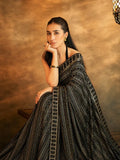 Bollywood Inspired Black Saree with Silver and Gold Sequin Work and Matching Blouse Piece