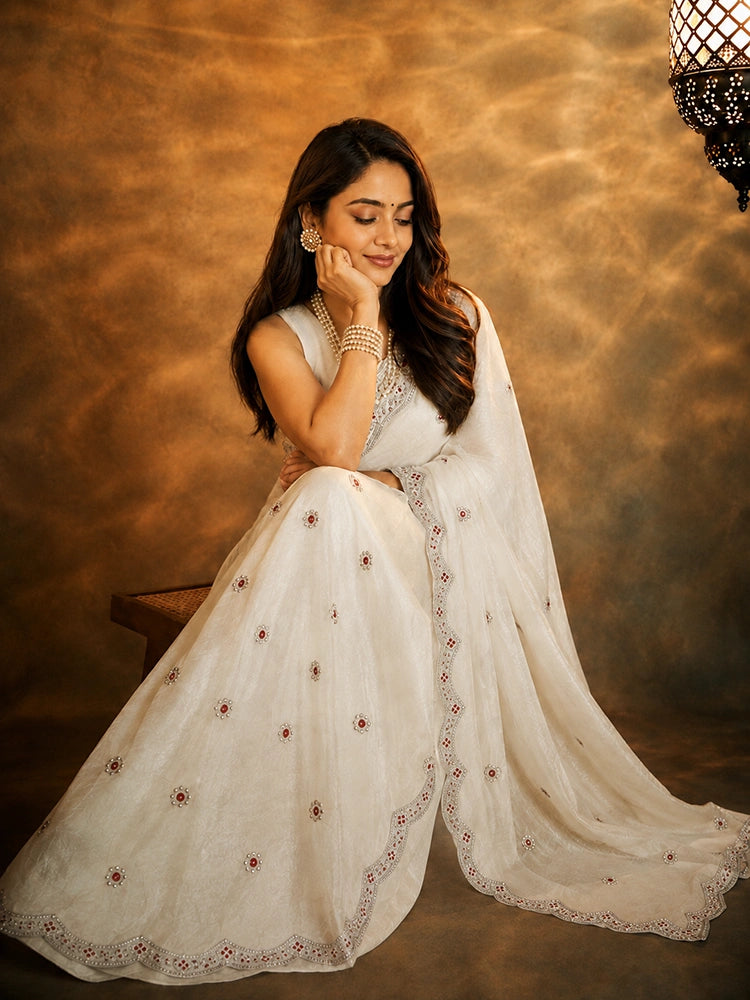 Bollywood Inspired White Silk Saree with Embroidered Work & Border