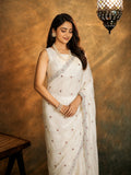 Bollywood Inspired White Silk Saree with Embroidered Work & Border