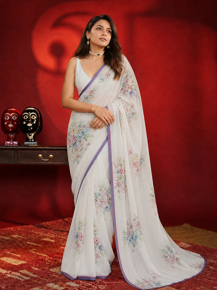 Alia Inspired White Georgette Saree with Floral Digital Print