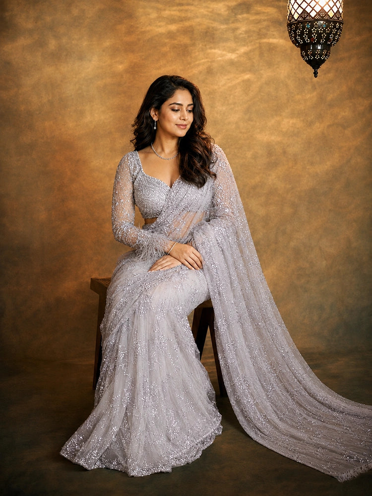 Bollywood Inspired Sequins Designer Purple Net Saree