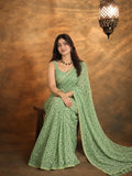 Madhuri Inspired Pista Green Saree with Embroidery and Sequin Detailing