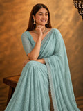 Bollywood Inspired Aqua Blue Soft Net Saree with Beautiful Sequins and Beads Work