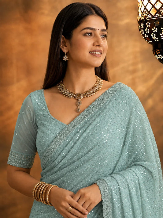 Bollywood Inspired Aqua Blue Soft Net Saree with Beautiful Sequins and Beads Work-73654064545873