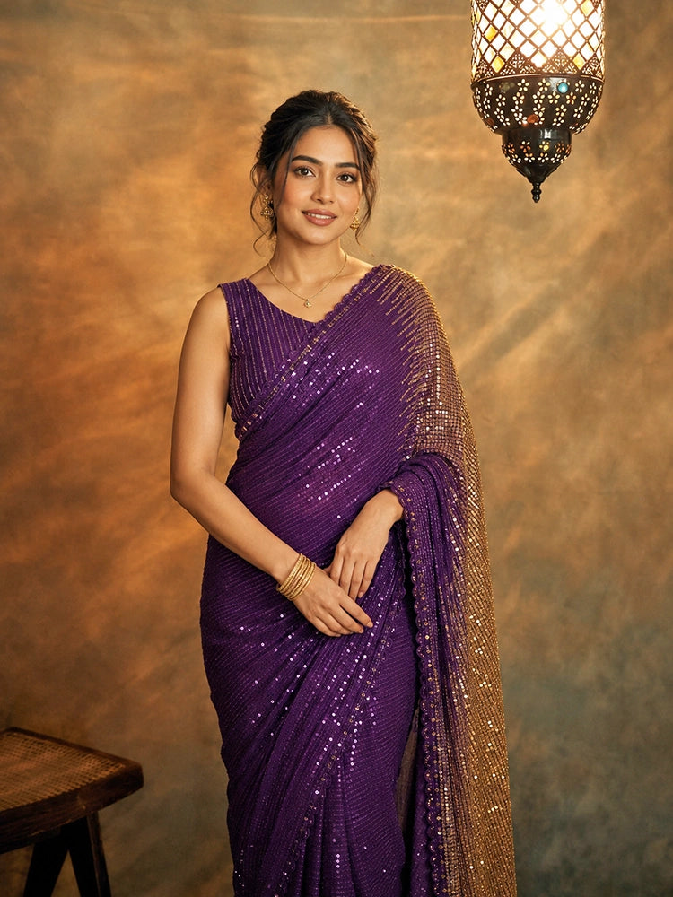 Shreya Inspired Wine and Gold Sequin Saree-71986720276561