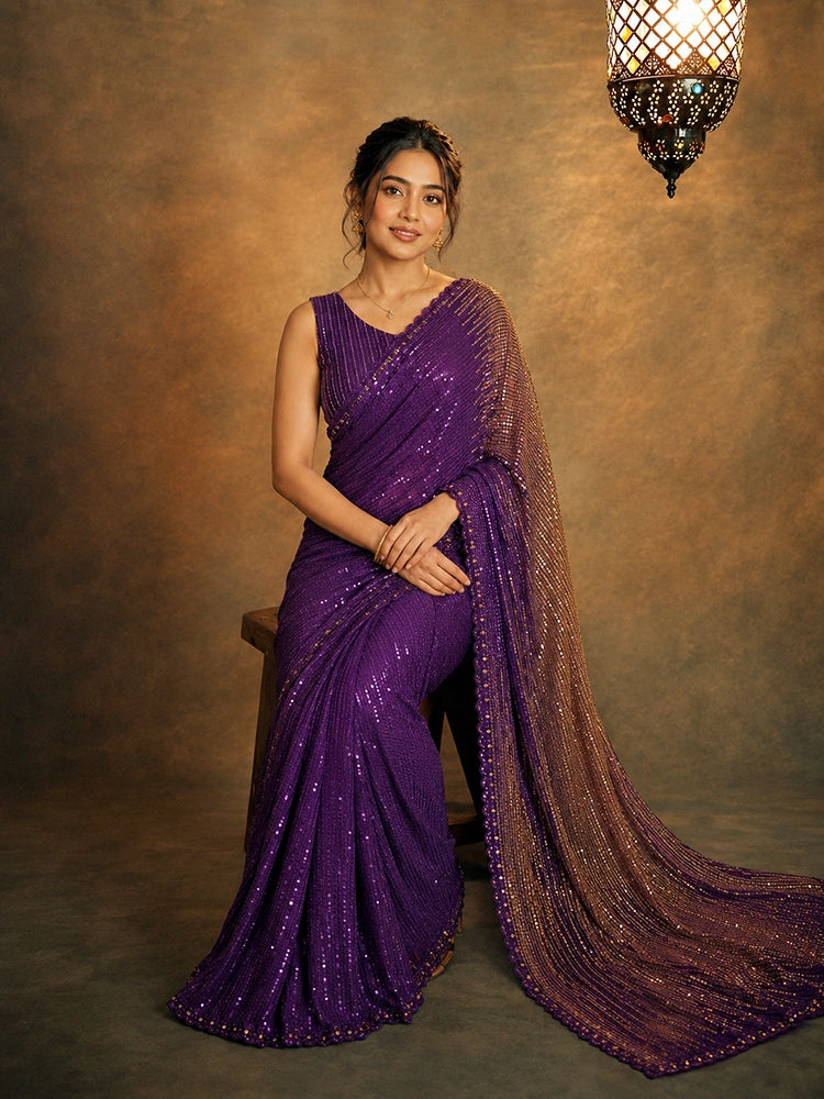 Shreya Inspired Wine and Gold Sequin Saree