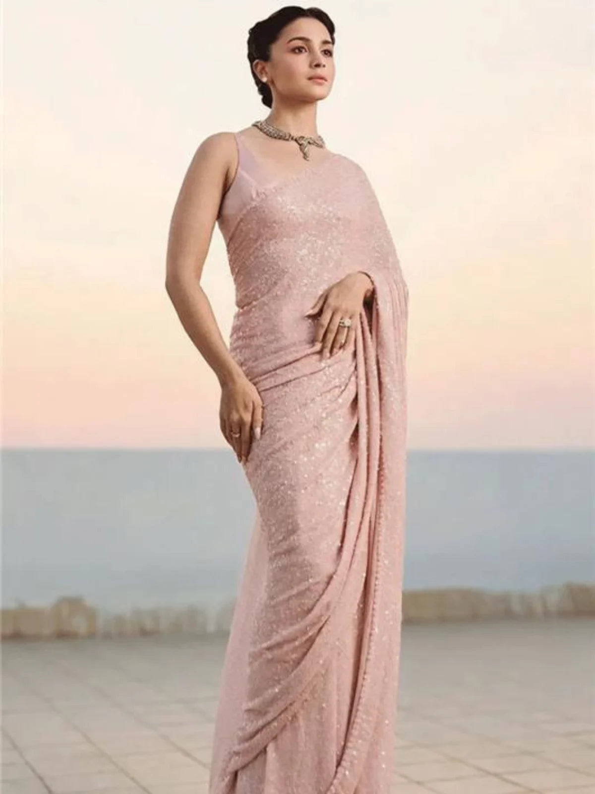 Alia Inspired Georgette Pink Saree Full Sequins Embroidery with Cutwork Lace