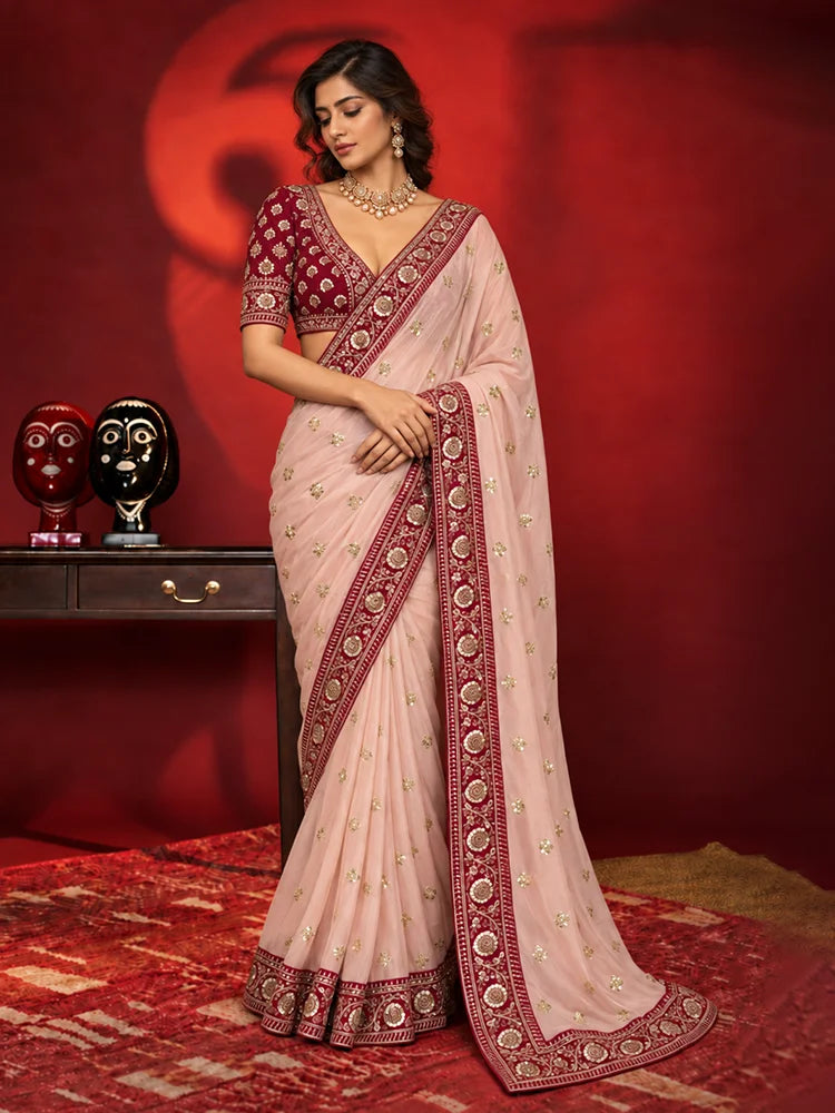 Soft Pink Saree with Delicate Golden Motifs and Embroidered Maroon Border