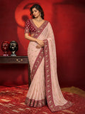 Soft Pink Saree with Delicate Golden Motifs and Embroidered Maroon Border