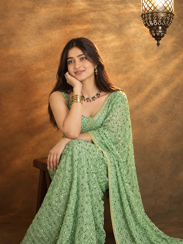 Madhuri Inspired Pista Green Saree with Embroidery and Sequin Detailing