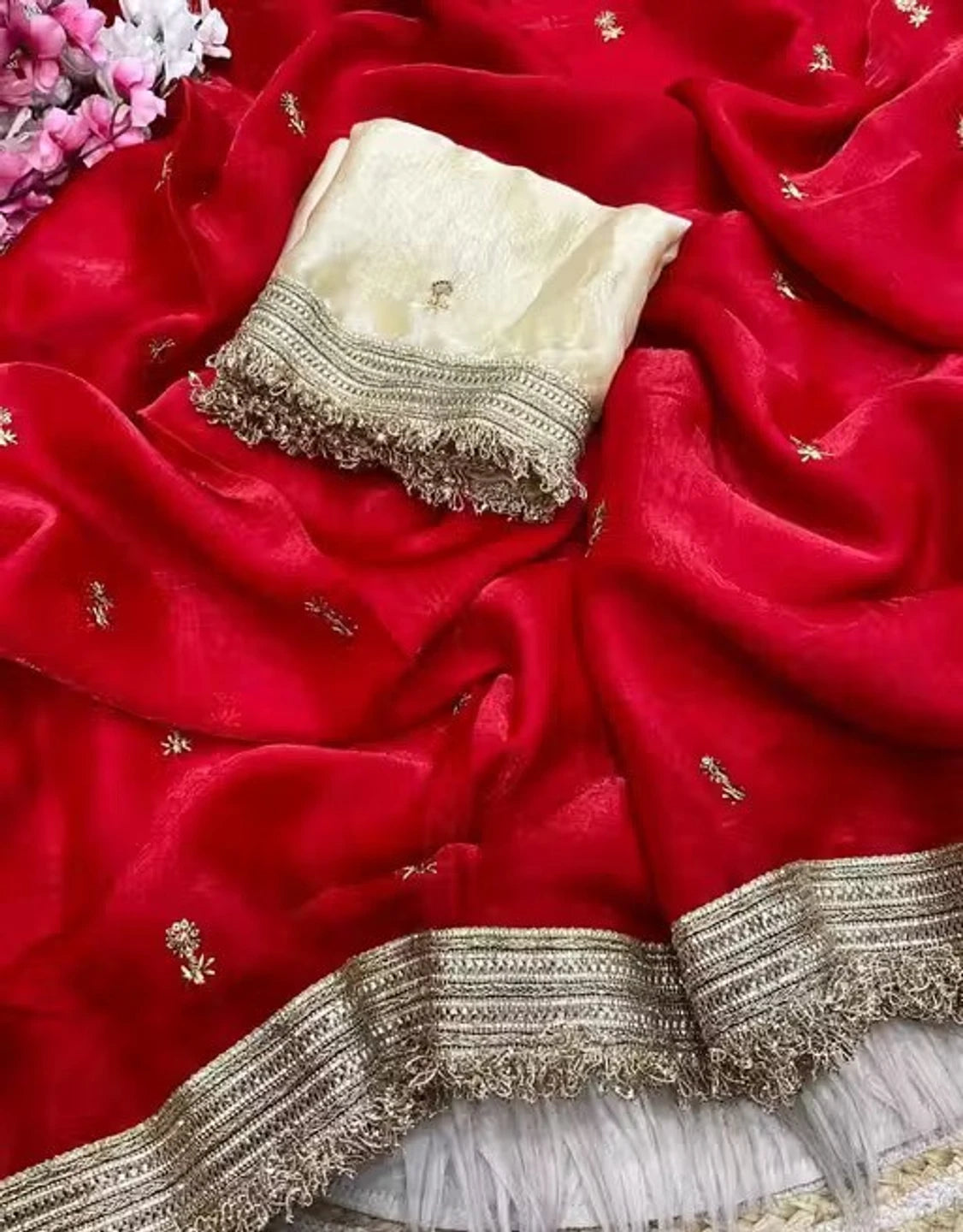 Bollywood Inspired Pure Silk Red Satin Tissue Saree with Embroidered Work