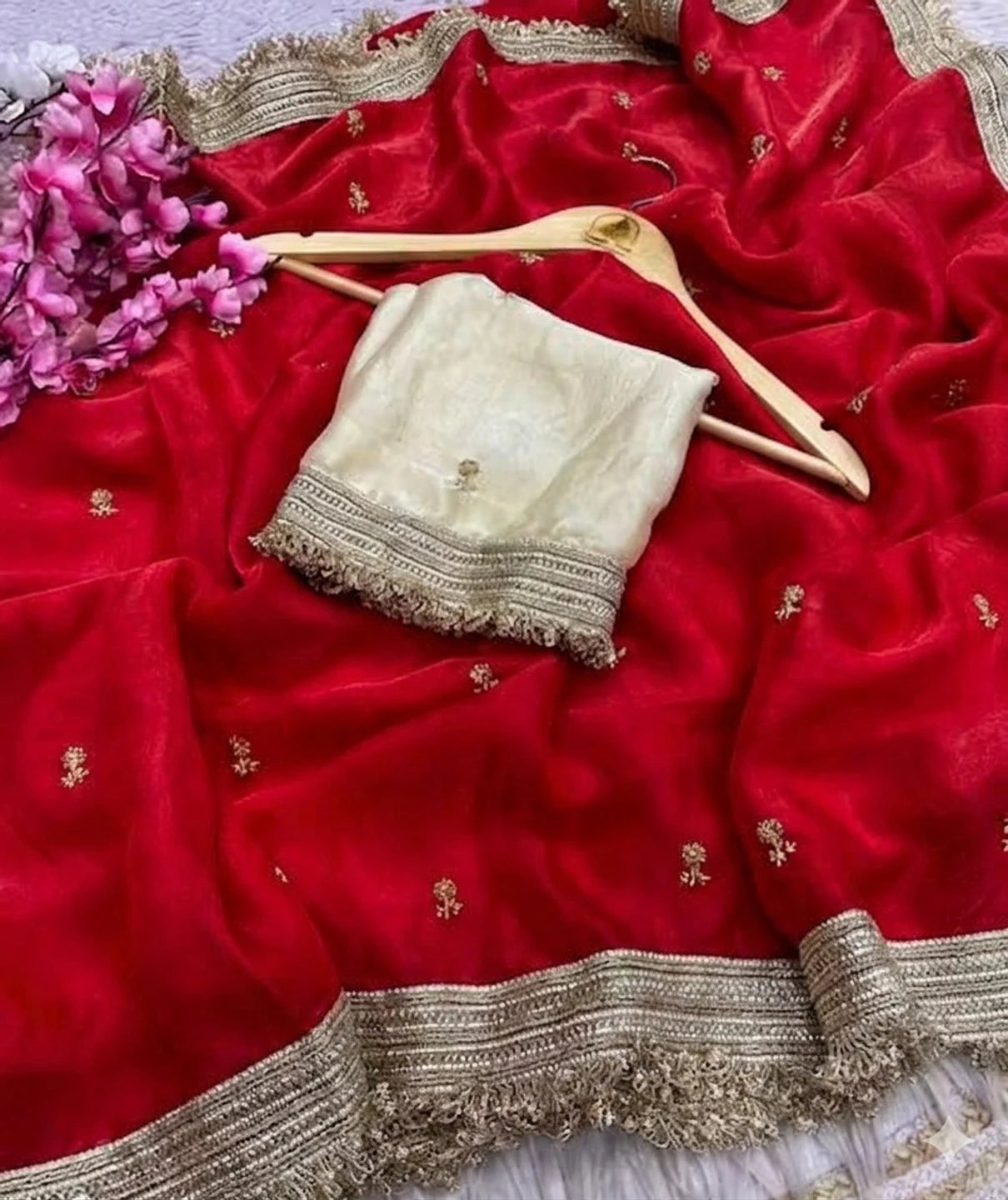 Bollywood Inspired Pure Silk Red Satin Tissue Saree with Embroidered Work
