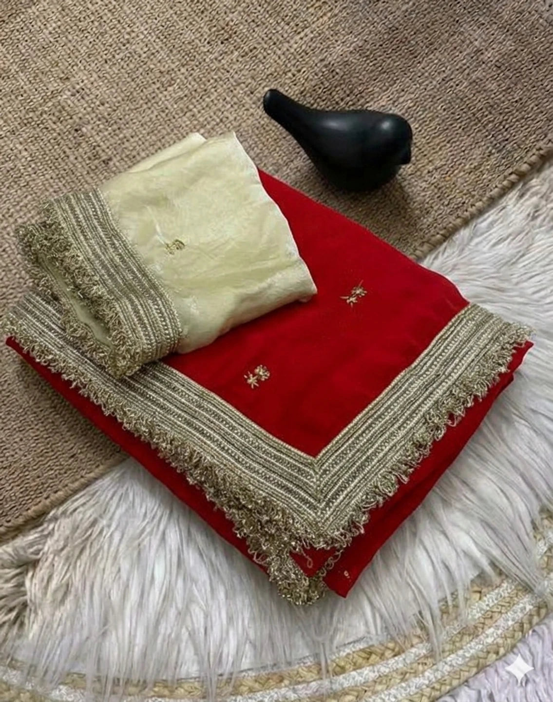 Bollywood Inspired Pure Silk Red Satin Tissue Saree with Embroidered Work