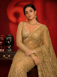 Bollywood Inspired Embroidered Golden Net Saree With Coin Lace