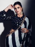 Parineeti Inspired Black & White Striped Printed Georgette Saree-1  Celebrity Drapes