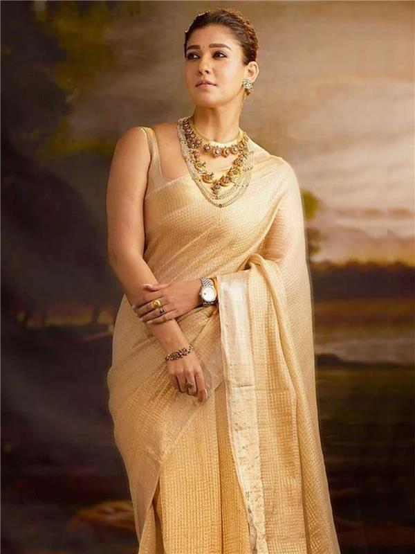 Nayanthara Inspired Kanjeevaram Tissue Saree with Golden Jacquard Borders-1  Celebrity Drapes