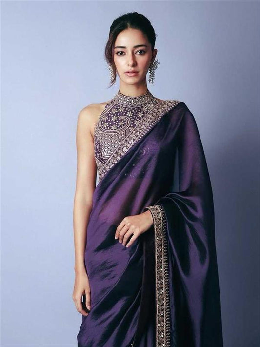 Ananya Inspired Purple Saree with Thread & Sequin Embroidery-1  Celebrity Drapes