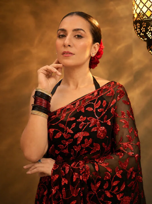 Bollywood-Inspired Red Faux Georgette Saree with Zaal Flower Sequins-71912176287825