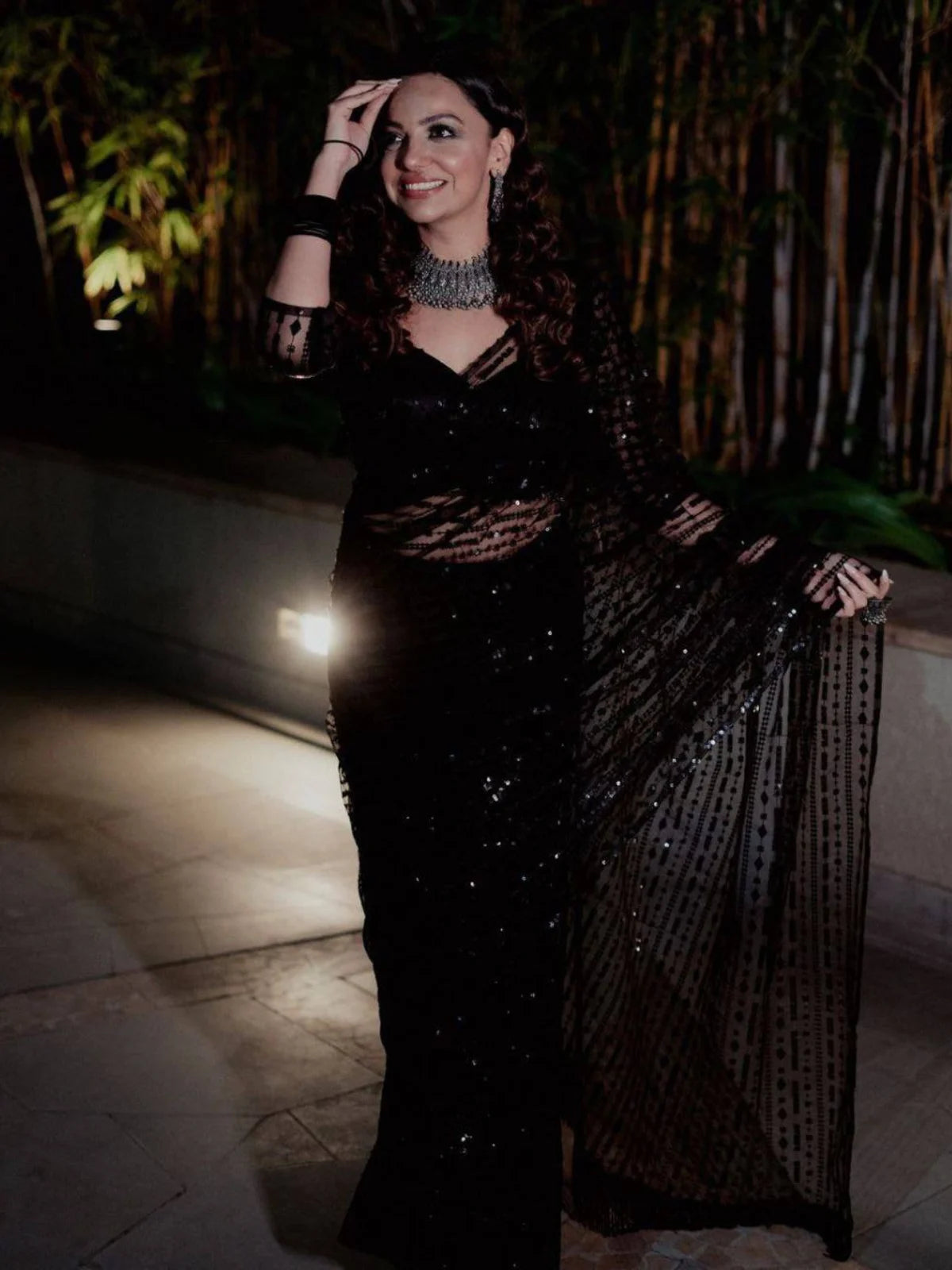 Bollywood Inspired Shimmery Black Net Saree with Sequins-67305795256401